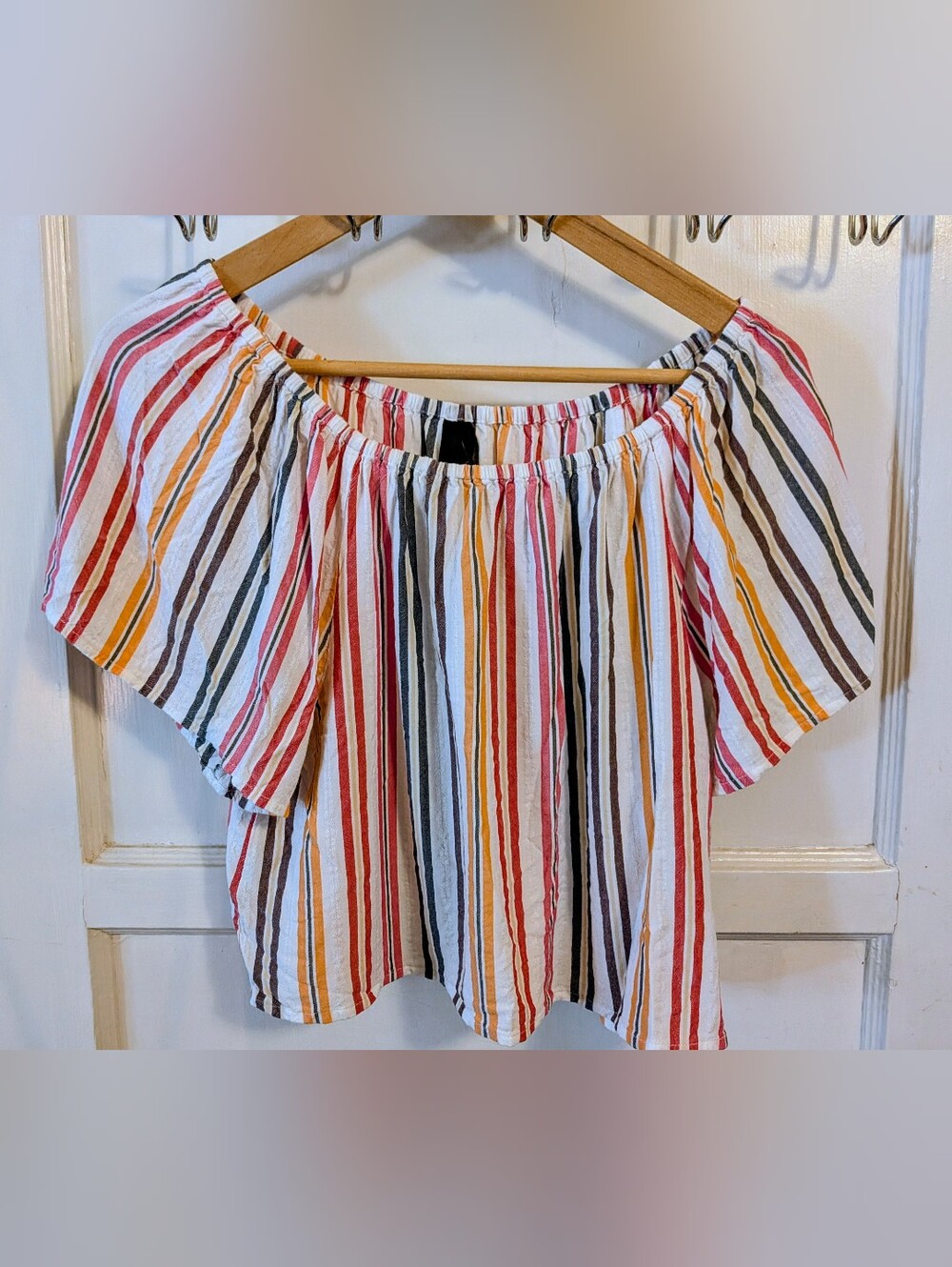 Women's Bobi Striped Top in White with Multi Color Stripes, Small